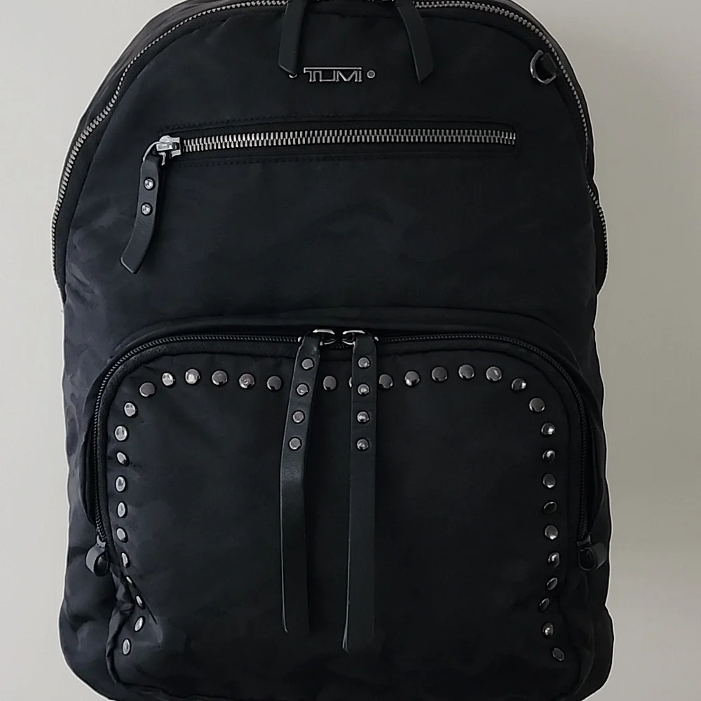 Rare Tumi Voyageur Studded Hagen Backpack in Black Camo Black Hardware